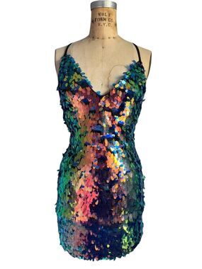 ROMA Vintage Iridescent Sequin Mini Dress Backless Tie Multicolor Size S